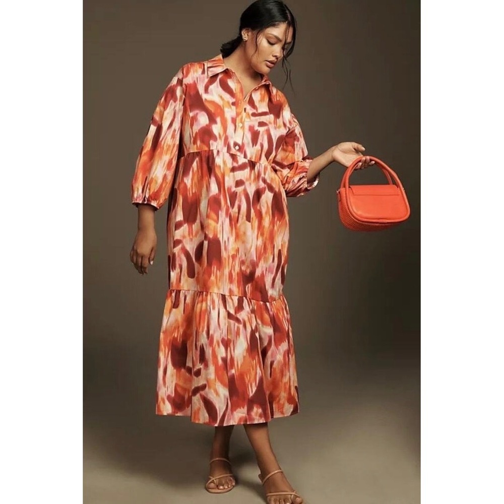 Maeve Anthropologie Abstract Ikat‎ Tiered Maxi Boho Dress Orange Red XL
